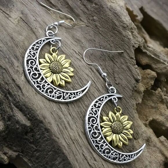 New - Crescent Moon and Sunflower Boho Drop Earrings - Picture 3 of 5